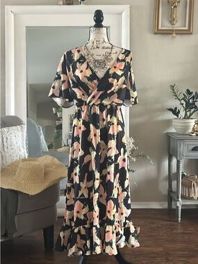 Floral Maxi Dress - Black with Peach and Yellow Floral